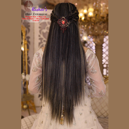 Synthetic Straight Natural Black + Olive Gold Hair Extension  24-26 INCH